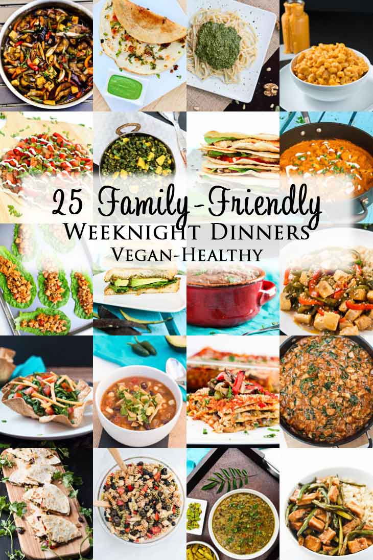 A photograph collage of 25 family friendly weenight dinners. 