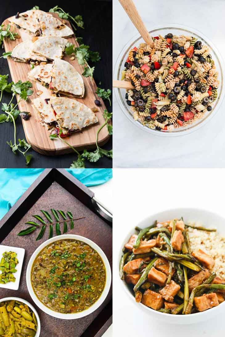 A collage of 4 photographs showing easy family friendly weeknight dinners. Quesadillas, pasta salad, lentils, and teriyaki tofu.