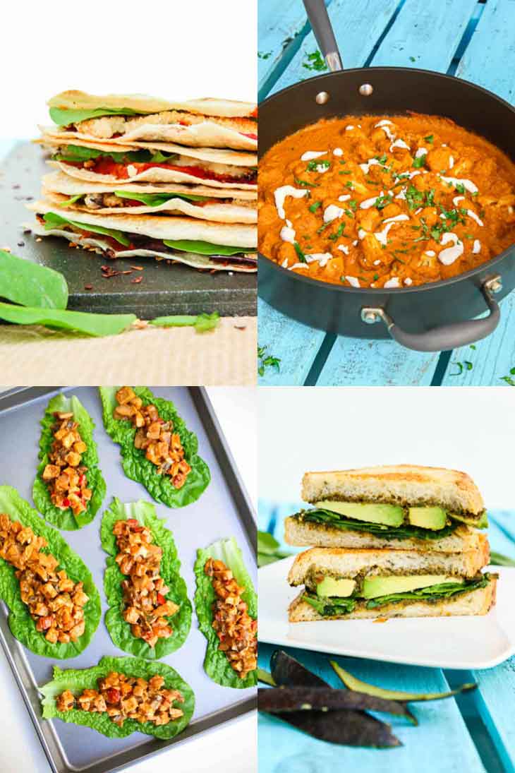 A collage of 4 photographs showing easy family friendly weeknight dinners. Eggplant quesadillas, cauliflower tikka masala, lettuce tofu wraps, panini.