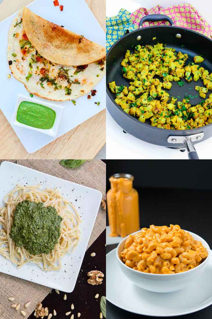 A collage of 4 photographs showing easy family friendly weeknight dinners. Dosa, Lemony potatoes, pesto pasta, vegan mac n cheese.