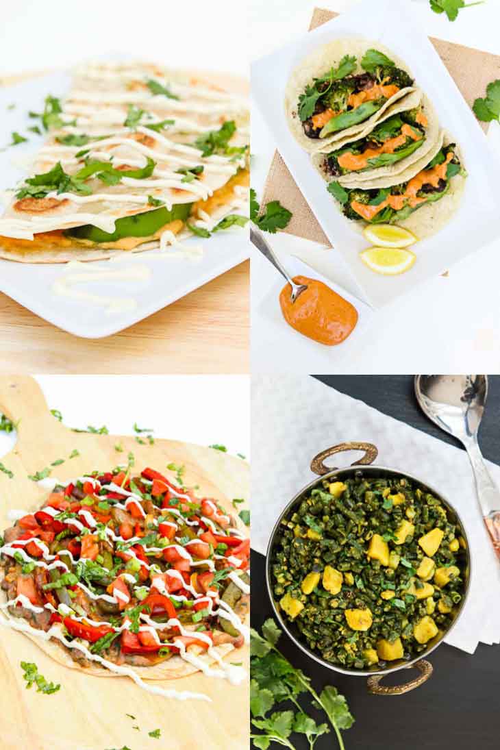 A collage of 4 photographs showing easy family friendly weeknight dinners. Hummus quesadillas veggie tacos, mexican pizza, curried green beans.