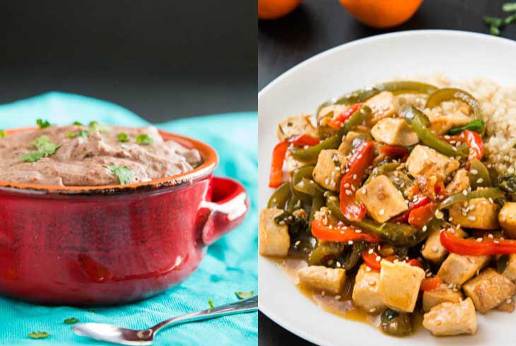 A collage of 2 photographs showing easy family friendly weeknight dinners. Black beans and orange pepper tofu.