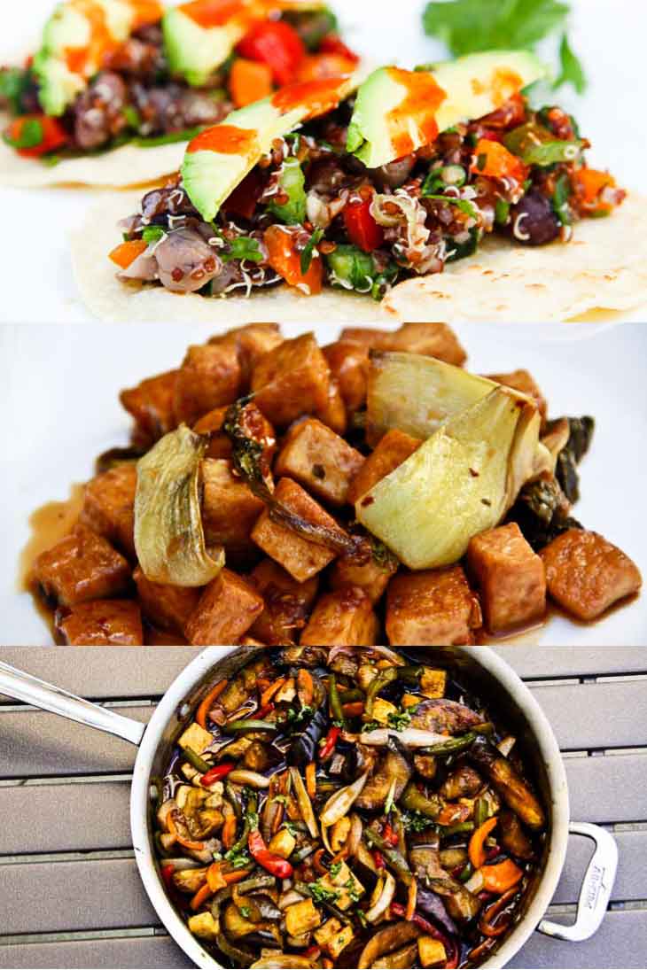 A collage of 3 photographs showing easy family friendly weeknight dinners. Four bean tacos, garlic pepper tofu, thai b.asil eggplant