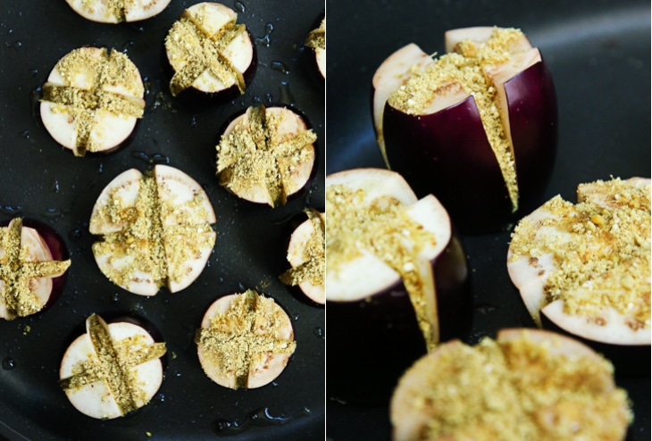 A collage image of eggplant stuffed with Indian spices about to be baked