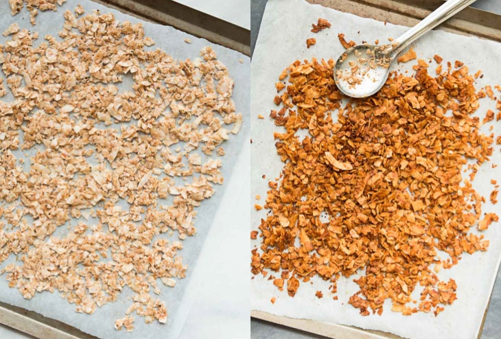 Two image collage of coconut bacon. The first is before it went into the oven, and the second is the finished coconut bacon going into the BLT sandwich recipe.