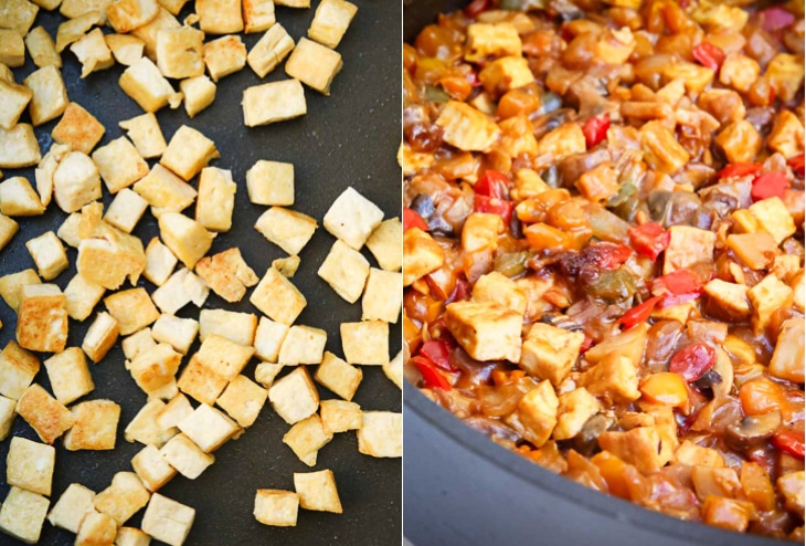 A collage image of making peanut vegetable tofu for stuffing lettuce cups