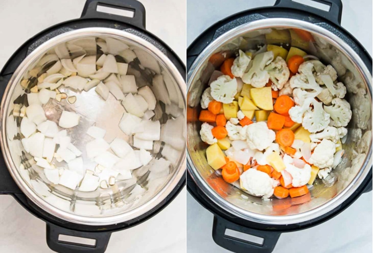 Two collage photograph showing vegan lentil soup being made in the instant pot.
