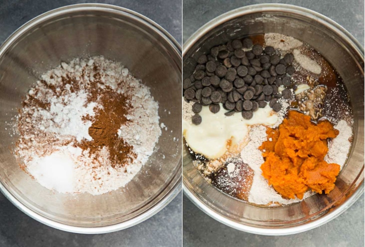 A collage showing step by step on how to make vegan pumpkin muffins. Both photographs show mixing of the ingredients.