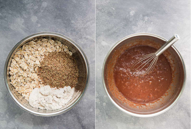 Overhead photograph of dry ingredients and wet ingredients for the chocolate breakfast cookies.