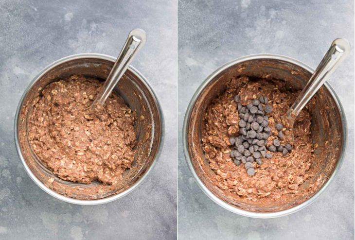 Collage of two pictures showing batter for chocolate breakfast cookies and chocolate chips mixed in.