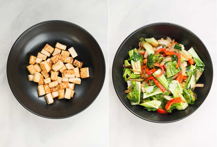 A collage of two pictures showing pan fried tofu and sauteed veggies for a step by step healthy stir fry recipe.