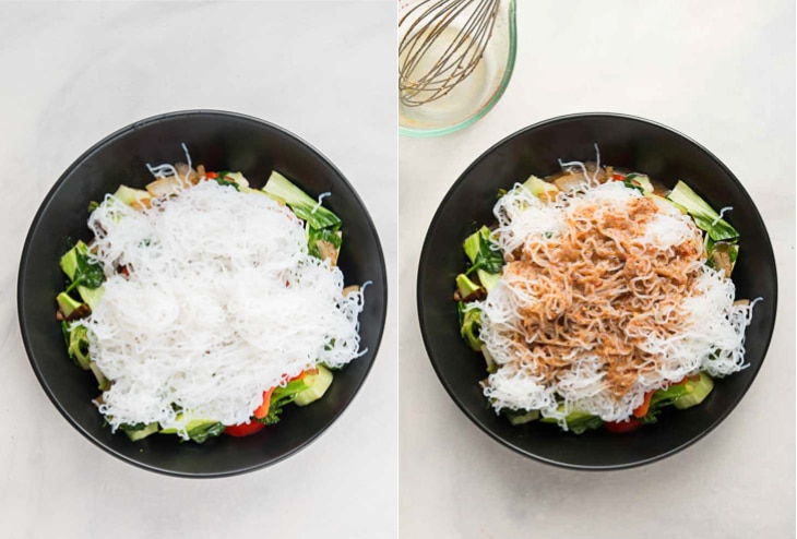 A collage of two photographs of noodles and sauce added for a healthy stir fry recipe.