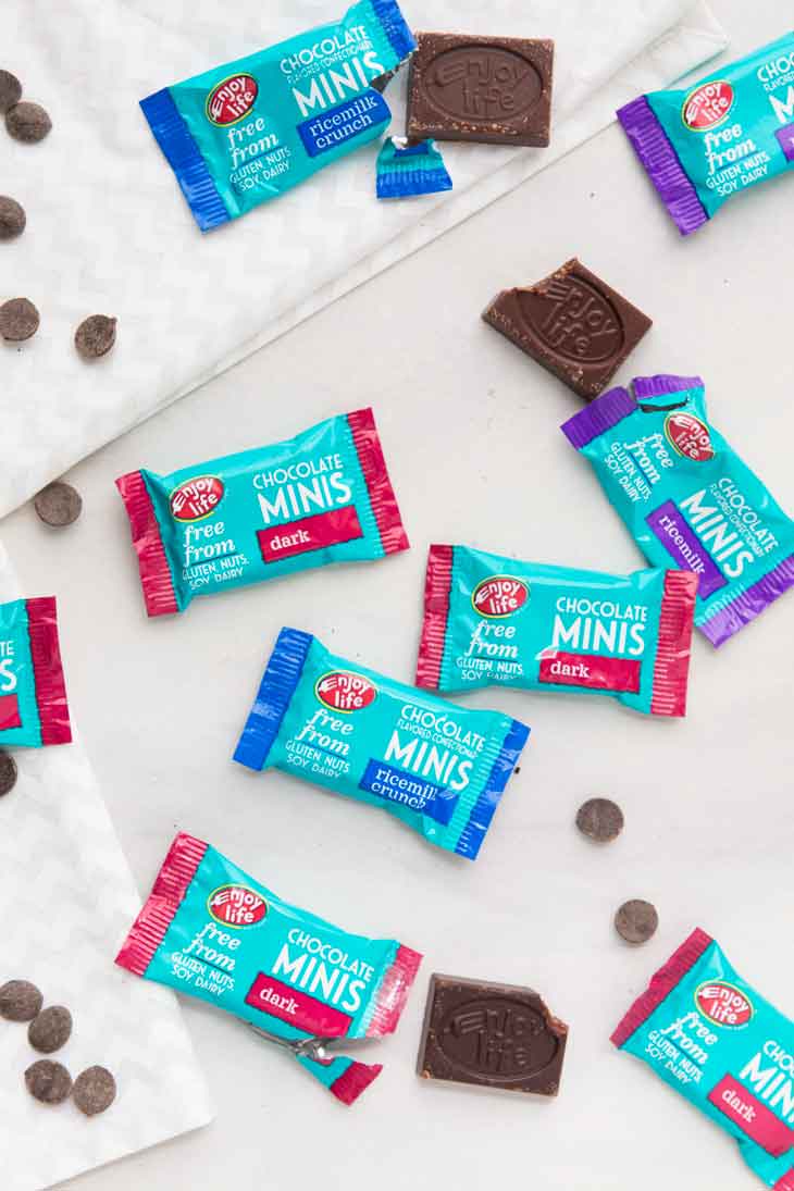 An overhead photograph of enjoy life foods seasonal chocolate minis.