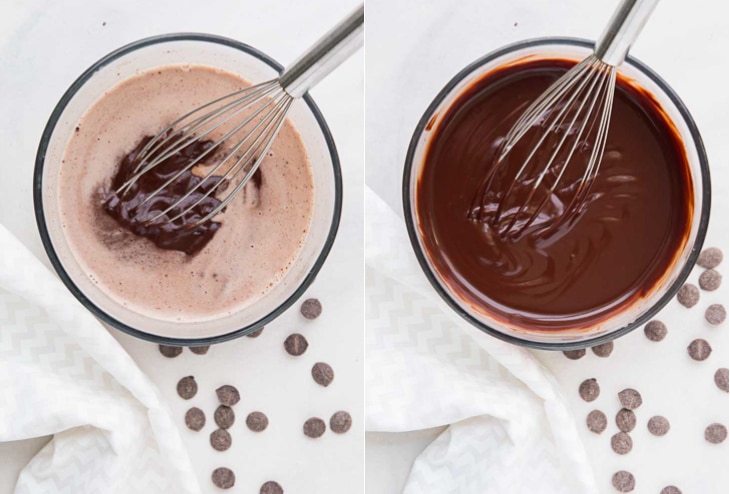 A collage of two photographs showing how to melt chocolate chips to make the filling for a vegan chocolate pie.