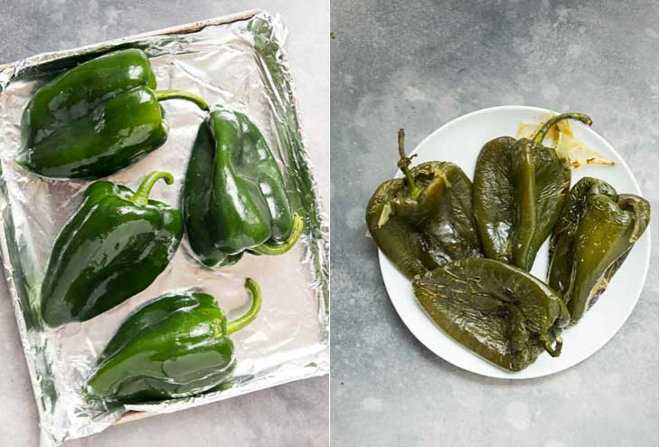 A collage of poblano peppers being roasted for vegan quesadilla.