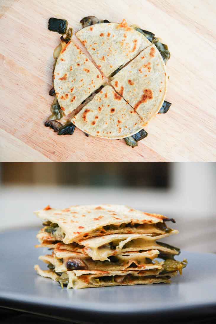 A collage of vegan quesadillas cut into pieces on a cutting board and stacked on top of each other.