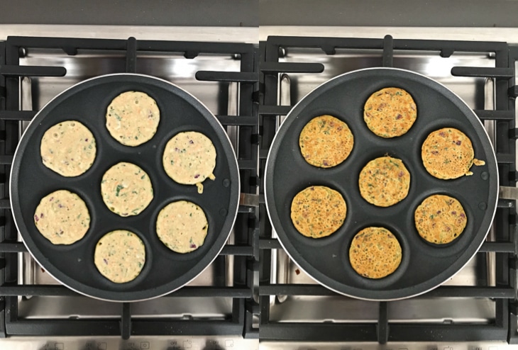 Overhead photograph collage of mini vegetable pancakes being cooked and flipped on the pan.