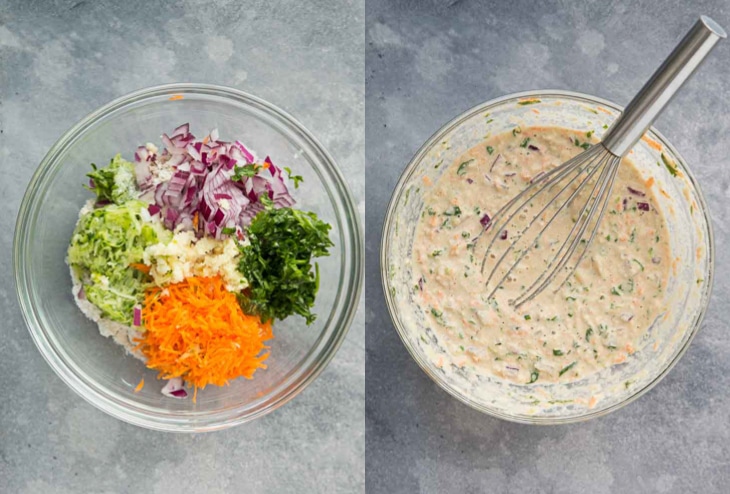 Overhead Photo collage of vegetable pancake recipe ingredients and the batter made.