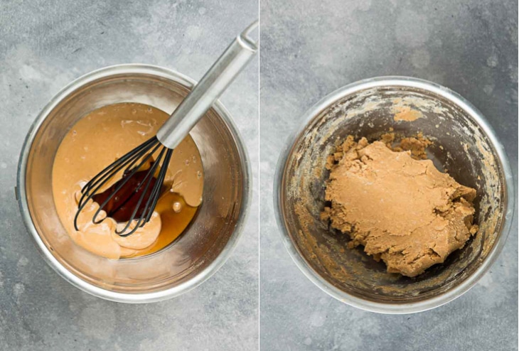 Two picture collage showing how to make salted caramel bars.