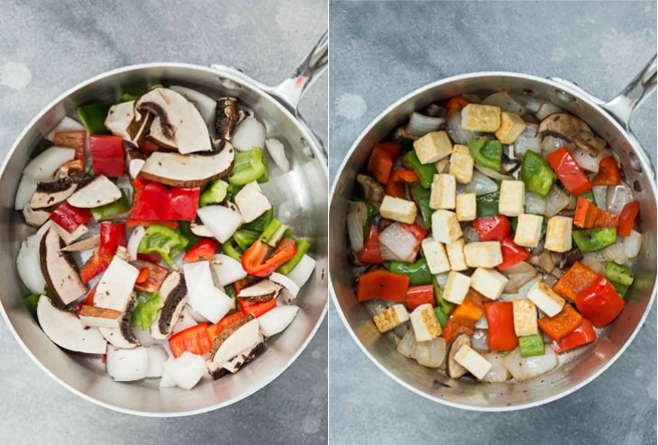 Two picture collage of vegetables being sauteed and pan-fried tofu for a vegan noodle soup recipe.