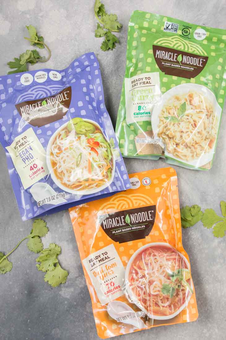 Miracle noodle ready to eat meal packs, including thai tom yum vegan noodle soup, vegan pho, and green curry.