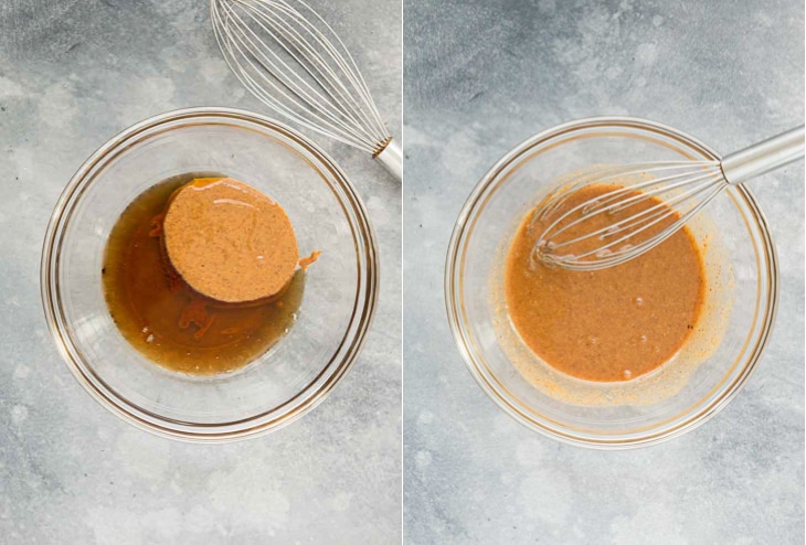 Two image collage of maple syrup and almond butter mixed in together with a whisk for vegan snickerdoodles.