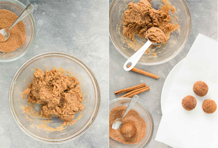 Two photograph collage of vegan snickerdoodle dough being combined, rolled, and dipped in sugar cinnamon mixture.