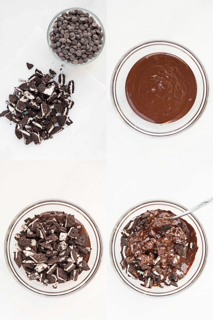 Collage of four photographs showing step by step how to make a chocolate bark recipe with oreo cookies.
