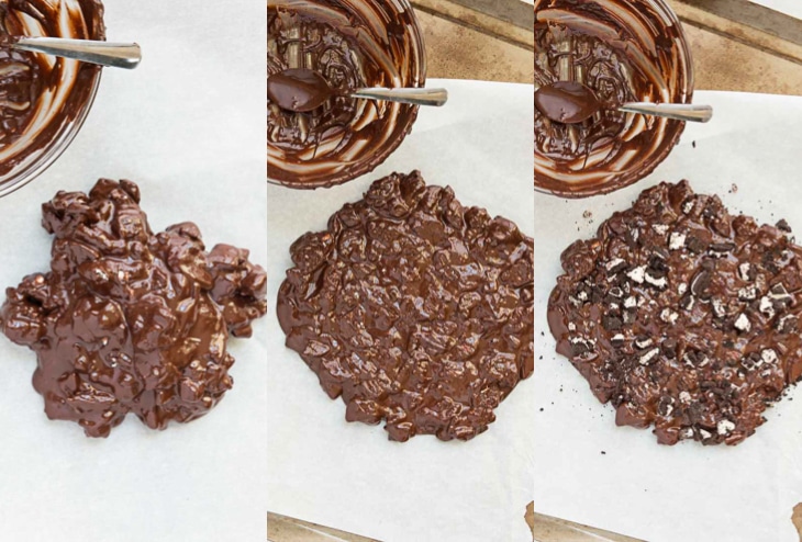 Collage of three photographs showing chocolate bark recipe being spread into a thin layer and topped with chopped oreo cookies.