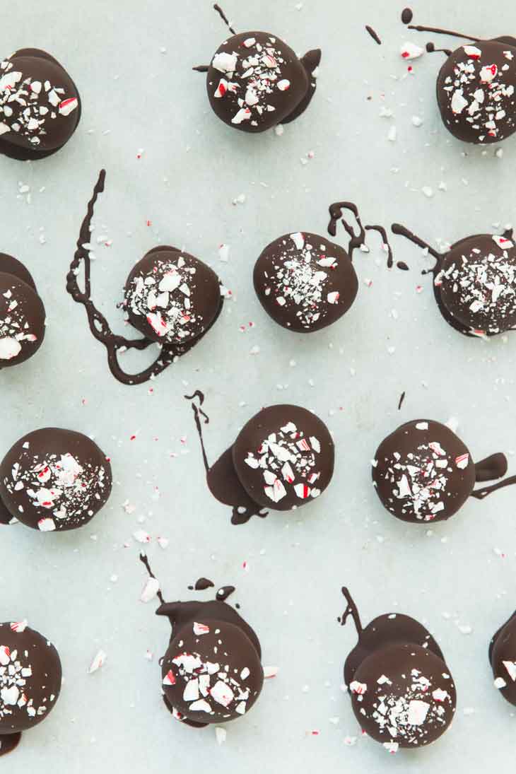 Overhead photograph of vegan gluten-free brownie truffles covered in chocolate and topped with candy canes.