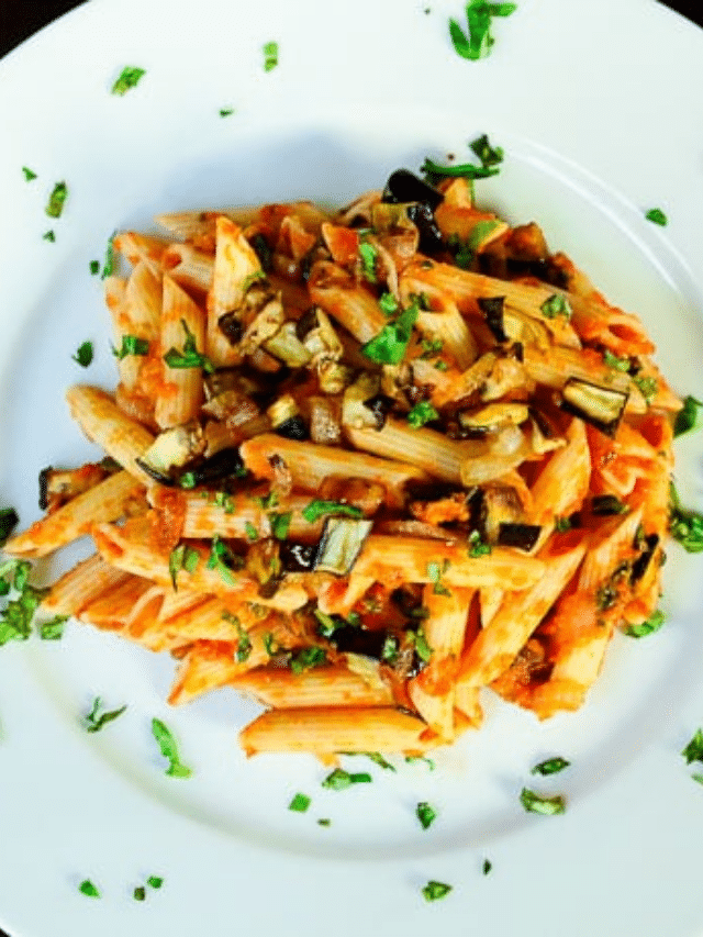 Caramelized Onions, Roasted Eggplant and Tomato Penne Pasta